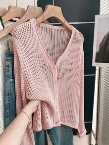 Calvaya Casual Loose V-Neck Long Sleeve Hollow Knit Button Design Apricot Cardigan For Women, Spring/Summer - Pink - View 7