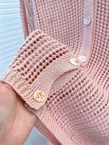 Calvaya Casual Loose V-Neck Long Sleeve Hollow Knit Button Design Apricot Cardigan For Women, Spring/Summer - Pink - View 5