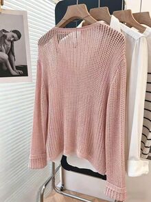 Calvaya Casual Loose V-Neck Long Sleeve Hollow Knit Button Design Apricot Cardigan For Women, Spring/Summer - Pink - View 2