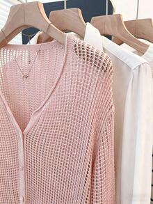 Calvaya Casual Loose V-Neck Long Sleeve Hollow Knit Button Design Apricot Cardigan For Women, Spring/Summer - Pink - View 6