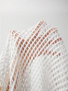 SHEIN Franclia Women's White Summer Boho Casual Vacation Holiday Ivory Openwork Knit Poncho Cover-Up,V-Neck ,Single Button Closure,Fringe Hem Detail Beach - White - View 5