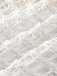 SHEIN Franclia Women's White Summer Boho Casual Vacation Holiday Ivory Openwork Knit Poncho Cover-Up,V-Neck ,Single Button Closure,Fringe Hem Detail Beach - White - View 6