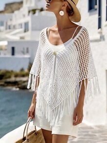 SHEIN Franclia Women's White Summer Boho Casual Vacation Holiday Ivory Openwork Knit Poncho Cover-Up,V-Neck ,Single Button Closure,Fringe Hem Detail Beach - White - View 4