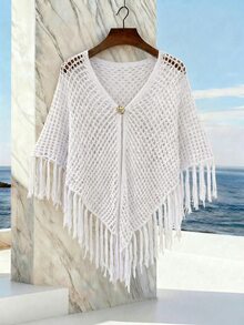 SHEIN Franclia Women's White Summer Boho Casual Vacation Holiday Ivory Openwork Knit Poncho Cover-Up,V-Neck ,Single Button Closure,Fringe Hem Detail Beach - White - View 9