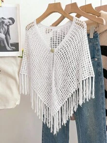 SHEIN Franclia Women's White Summer Boho Casual Vacation Holiday Ivory Openwork Knit Poncho Cover-Up,V-Neck ,Single Button Closure,Fringe Hem Detail Beach - White - View 3