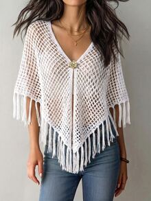 SHEIN Franclia Women's White Summer Boho Casual Vacation Holiday Ivory Openwork Knit Poncho Cover-Up,V-Neck ,Single Button Closure,Fringe Hem Detail Beach - White - View 8