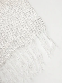 SHEIN Franclia Women's White Summer Boho Casual Vacation Holiday Ivory Openwork Knit Poncho Cover-Up,V-Neck ,Single Button Closure,Fringe Hem Detail Beach - White - View 7