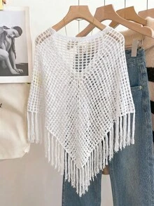 SHEIN Franclia Women's White Summer Boho Casual Vacation Holiday Ivory Openwork Knit Poncho Cover-Up,V-Neck ,Single Button Closure,Fringe Hem Detail Beach - White - View 2
