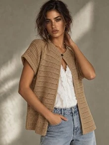 Franclia Niche Design Taupe Round Neck Unique Versatile Slimming Women's Cardigan Brunch Fall Casual French - Camel - View 2