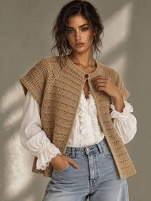 Franclia Niche Design Taupe Round Neck Unique Versatile Slimming Women's Cardigan Brunch Fall Casual French - Camel - View 1