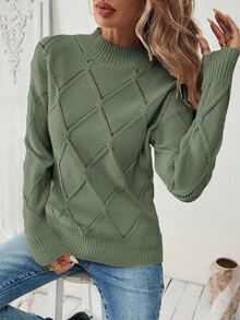 EMERY ROSE Women's Sage Green Autumn Casual Elegant Brunch Christmas Stand Collar Dropped Shoulder Loose Pointelle Knit Pullover Sweater,Everyday Commute Solid - Army Green - View 3