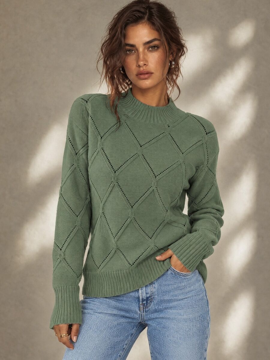 EMERY ROSE Women's Sage Green Autumn Casual Elegant Brunch Christmas Stand Collar Dropped Shoulder Loose Pointelle Knit Pullover Sweater,Everyday Commute Solid - Army Green - View 1
