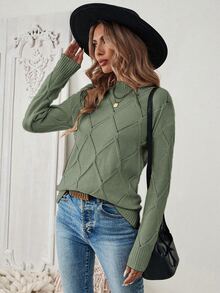 EMERY ROSE Women's Sage Green Autumn Casual Elegant Brunch Christmas Stand Collar Dropped Shoulder Loose Pointelle Knit Pullover Sweater,Everyday Commute Solid - Army Green - View 5