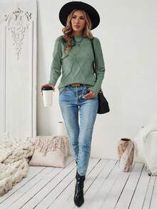 EMERY ROSE Women's Sage Green Autumn Casual Elegant Brunch Christmas Stand Collar Dropped Shoulder Loose Pointelle Knit Pullover Sweater,Everyday Commute Solid - Army Green - View 4