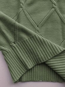 EMERY ROSE Women's Sage Green Autumn Casual Elegant Brunch Christmas Stand Collar Dropped Shoulder Loose Pointelle Knit Pullover Sweater,Everyday Commute Solid - Army Green - View 7