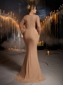 Glamrae Plus Size Elegant Romantic Fashion Champagne Luxury Lace Patchwork Elastic Mesh Fishbone Structured Long Sleeve Sheer Fitted Bodycon Mermaid Hem With Train, Holiday, Vacation, Birthday Party, Wedding Event, Formal Evening Gown (Intricate Design) - Champagne - View 4