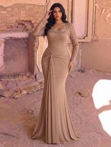 Glamrae Plus Size Elegant Romantic Fashion Champagne Luxury Lace Patchwork Elastic Mesh Fishbone Structured Long Sleeve Sheer Fitted Bodycon Mermaid Hem With Train, Holiday, Vacation, Birthday Party, Wedding Event, Formal Evening Gown (Intricate Design) - Champagne - View 6