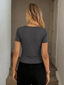 SHEIN LUNE Social Top Women's Solid Color Minimalist Casual Short Sleeve Crew Neck T-Shirt For Commuting Office Everyday Dark Grey Summer - Light Grey - View 4