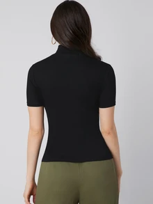 Solavon High Neck Solid Autumn T Shirts Office Black Minimalist Simple Basic Modest Basic - Black - View 4