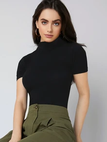 Solavon High Neck Solid Autumn T Shirts Office Black Minimalist Simple Basic Modest Basic - Black - View 6