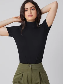 Solavon High Neck Solid Autumn T Shirts Office Black Minimalist Simple Basic Modest Basic - Black - View 3