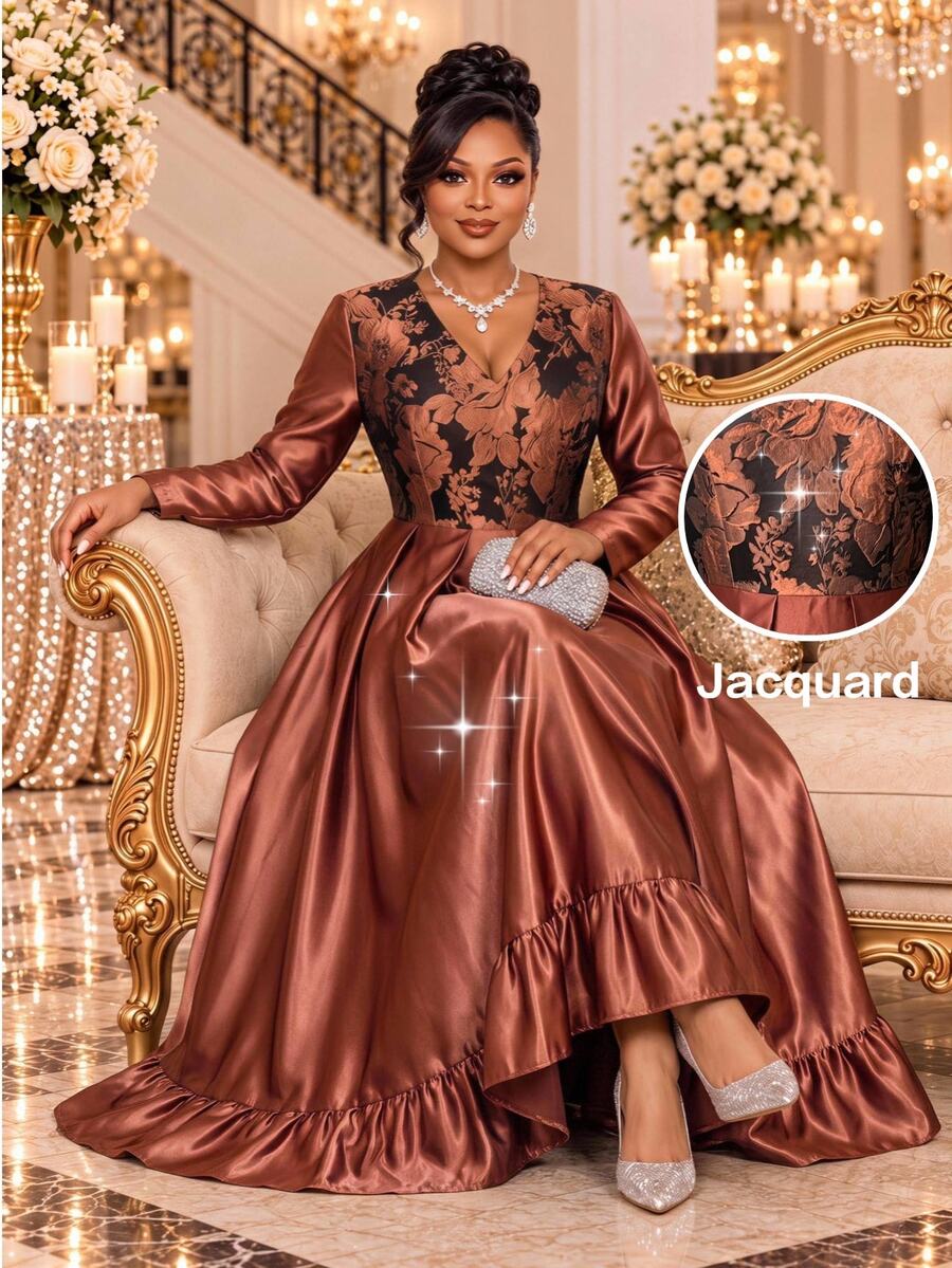 Fleurora Plus Size Elegant Jacquard Long Sleeve Satin Dress Fall Christmas - Brown - View 1