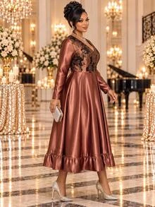 Fleurora Plus Size Elegant Jacquard Long Sleeve Satin Dress Fall Christmas - Brown - View 3