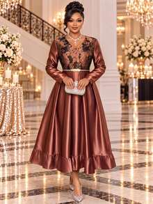 Fleurora Plus Size Elegant Jacquard Long Sleeve Satin Dress Fall Christmas - Brown - View 4