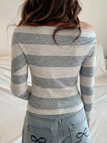 SHEIN Teen Girl Knitted Striped Asymmetrical Shoulder Casual Fitted T-Shirt - Multicolor - View 3