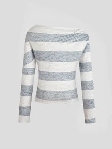 SHEIN Teen Girl Knitted Striped Asymmetrical Shoulder Casual Fitted T-Shirt - Multicolor - View 5