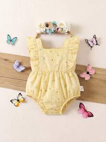 SHEIN 新生女宝宝可爱蝴蝶荷叶边连体衣，夏季 - 黃色 - 查看 2