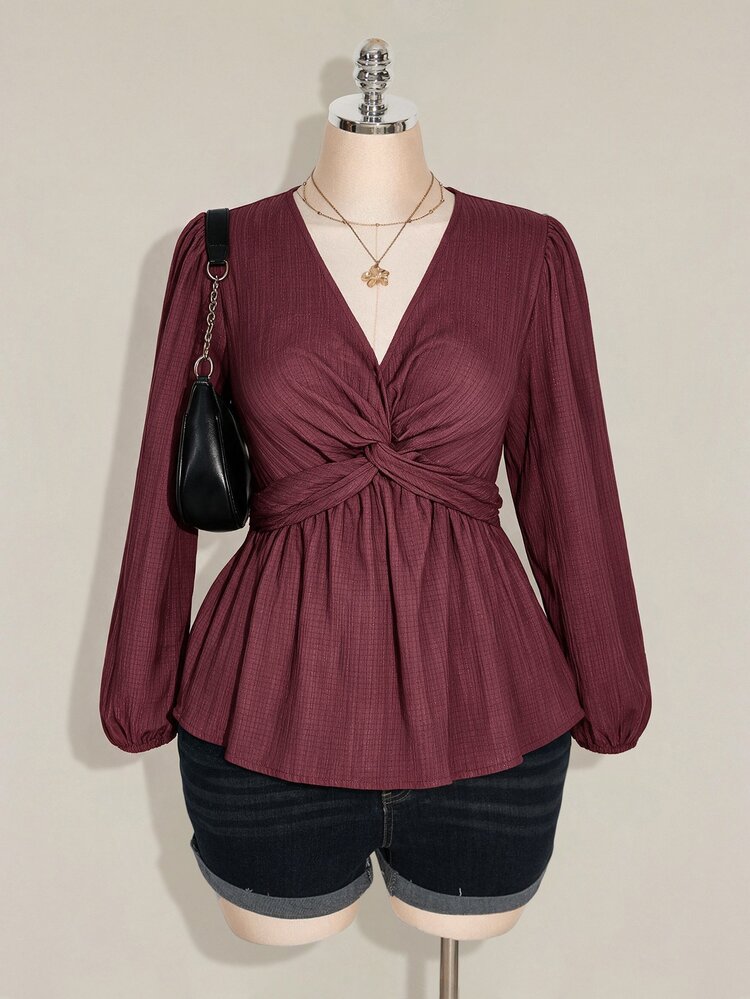 SHEIN ICON Plus Size Women's Black Autumn Elegant Office Top, V-Neck Long Lantern Sleeve Twisted Chest Hem Textured Fabric Loose Casual Commuter Retro Shirt Fall - Mauve Purple - View 11