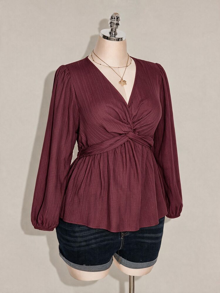 SHEIN ICON Plus Size Women's Black Autumn Elegant Office Top, V-Neck Long Lantern Sleeve Twisted Chest Hem Textured Fabric Loose Casual Commuter Retro Shirt Fall - Mauve Purple - View 3