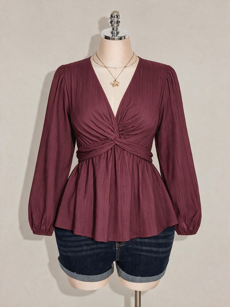 SHEIN ICON Plus Size Women's Black Autumn Elegant Office Top, V-Neck Long Lantern Sleeve Twisted Chest Hem Textured Fabric Loose Casual Commuter Retro Shirt Fall - Mauve Purple - View 10