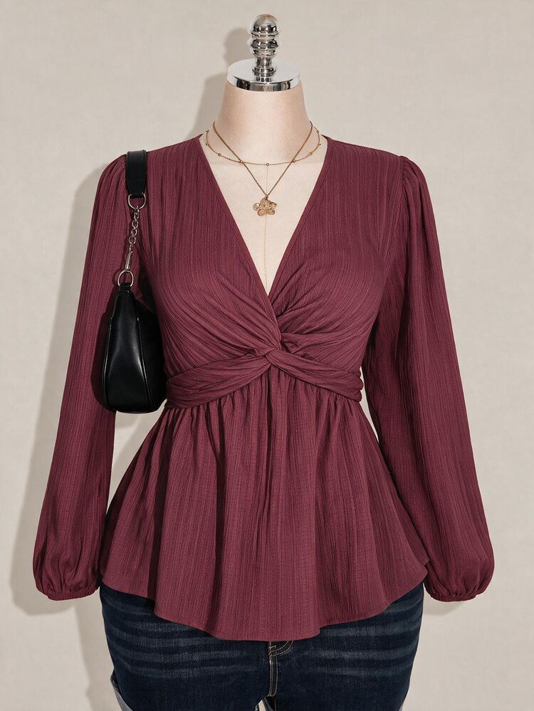 SHEIN ICON Plus Size Women's Black Autumn Elegant Office Top, V-Neck Long Lantern Sleeve Twisted Chest Hem Textured Fabric Loose Casual Commuter Retro Shirt Fall - Mauve Purple - View 9