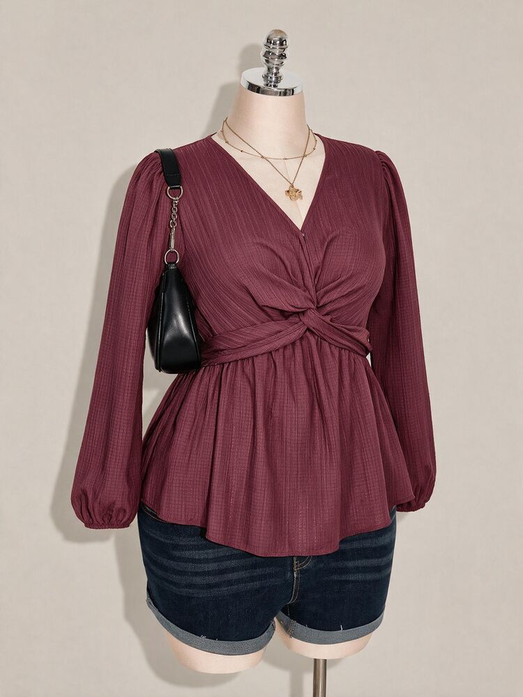 SHEIN ICON Plus Size Women's Black Autumn Elegant Office Top, V-Neck Long Lantern Sleeve Twisted Chest Hem Textured Fabric Loose Casual Commuter Retro Shirt Fall - Mauve Purple - View 6