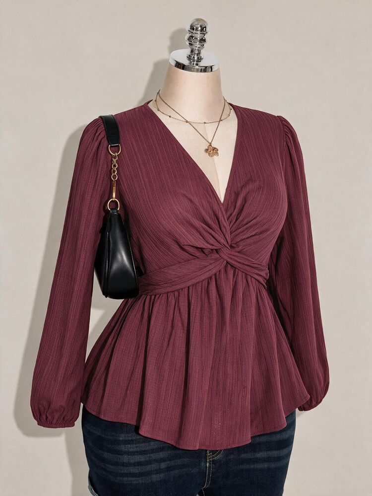 SHEIN ICON Plus Size Women's Black Autumn Elegant Office Top, V-Neck Long Lantern Sleeve Twisted Chest Hem Textured Fabric Loose Casual Commuter Retro Shirt Fall - Mauve Purple - View 7