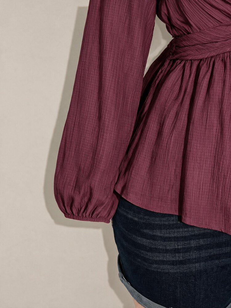SHEIN ICON Plus Size Women's Black Autumn Elegant Office Top, V-Neck Long Lantern Sleeve Twisted Chest Hem Textured Fabric Loose Casual Commuter Retro Shirt Fall - Mauve Purple - View 5