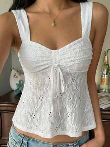 CovetEZ Summer Tops Hollow Out White Lace-Up Casual Boho Romantic Bohemian Vacation Tank Top For Women Vacation - White - View 8