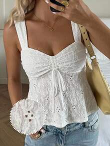 CovetEZ Summer Tops Hollow Out White Lace-Up Casual Boho Romantic Bohemian Vacation Tank Top For Women Vacation - White - View 9