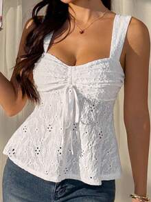 CovetEZ Summer Tops Hollow Out White Lace-Up Casual Boho Romantic Bohemian Vacation Tank Top For Women Vacation - White - View 4