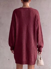 LUMIGAL 女款純色對比蕾絲V領落肩長袖針織洋裝 - 酒紅色 - 查看 2