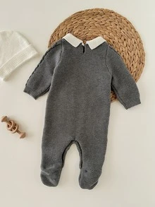 SHEIN Newborn Baby Contrast Doll Collar Long Sleeve Texture Knitted Sweater Jumpsuit With Hat 2 Pieces,Dark Grey,Autumn,Modest Casual Foot Cover Romper Set - Multicolor - View 6