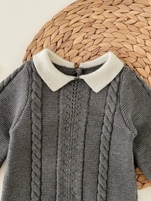 SHEIN Newborn Baby Contrast Doll Collar Long Sleeve Texture Knitted Sweater Jumpsuit With Hat 2 Pieces,Dark Grey,Autumn,Modest Casual Foot Cover Romper Set - Multicolor - View 2