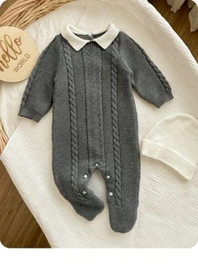 SHEIN Newborn Baby Contrast Doll Collar Long Sleeve Texture Knitted Sweater Jumpsuit With Hat 2 Pieces,Dark Grey,Autumn,Modest Casual Foot Cover Romper Set - Multicolor - View 5