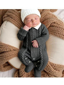 SHEIN Newborn Baby Contrast Doll Collar Long Sleeve Texture Knitted Sweater Jumpsuit With Hat 2 Pieces,Dark Grey,Autumn,Modest Casual Foot Cover Romper Set - Multicolor - View 1