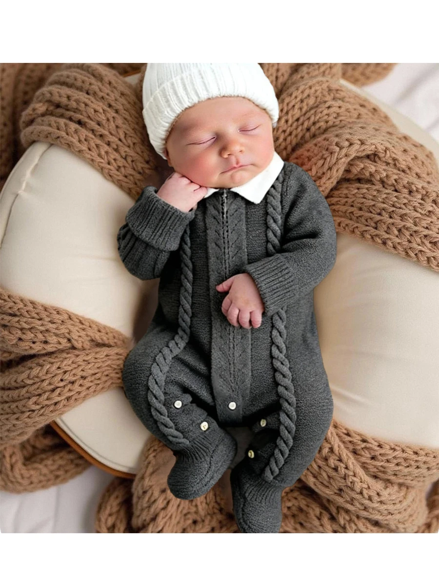 SHEIN Newborn Baby Contrast Doll Collar Long Sleeve Texture Knitted Sweater Jumpsuit With Hat 2 Pieces,Dark Grey,Autumn,Modest Casual Foot Cover Romper Set - Multicolor - View 1