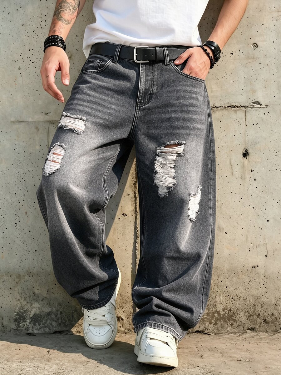 GALLERY FADE Men Y2K Grunge Distressed Ripped Wide Leg Jeans Vintage Dark Grey Baggy Streetwear Loose Destroyed Trousers Party Vacation Holiday Rave Fall Winter - Light Grey - View 1