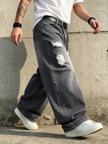 GALLERY FADE 男士 Y2K 復古暗灰色寬腿牛仔褲，磨損破洞設計，寬鬆街頭風破壞風長褲，適合派對、度假、假期、電音節，秋冬穿搭 - 淺灰色 - 查看 1