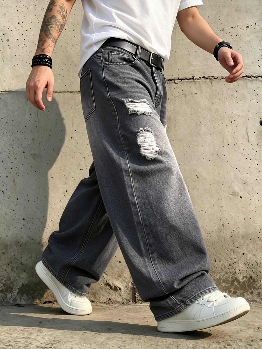 GALLERY FADE 男士 Y2K 復古暗灰色寬腿牛仔褲,磨損破洞設計,寬鬆街頭風破壞風長褲,適合派對、度假、假期、電音節,秋冬穿搭 - 淺灰色 - 查看 1
